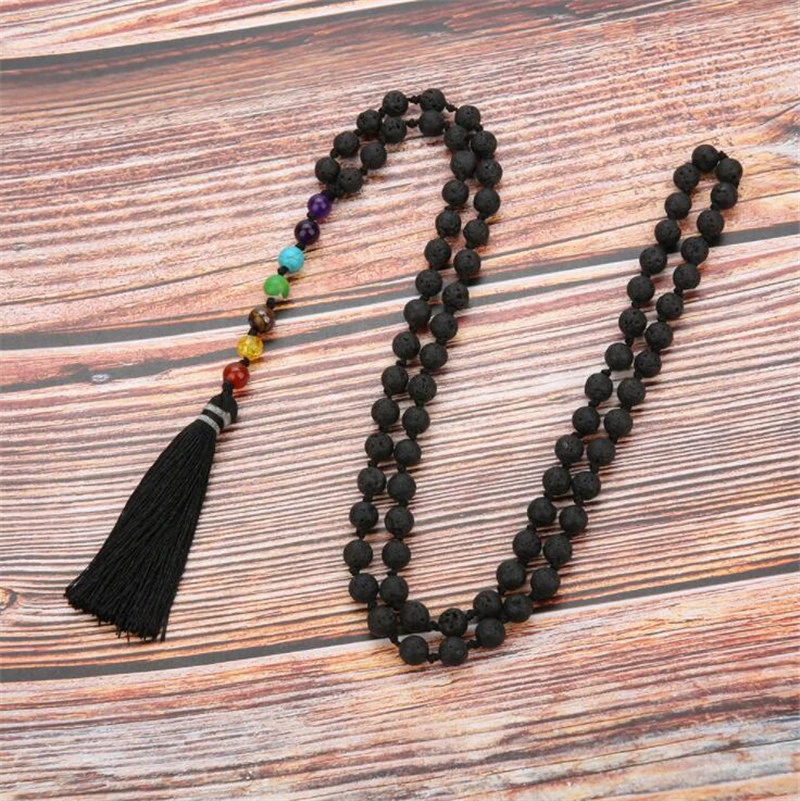 Natural Lava Stone Long 108 Mala Knotted Seven Chakra Pendant Beaded Necklace