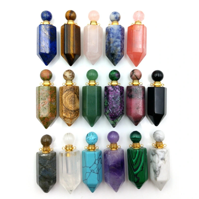 Natural Wholesale Gemstone Hexagon Prism Bottle Pendant Necklace 26" Chain Chakra Crystal Quartz Perfume Bottle Pendant