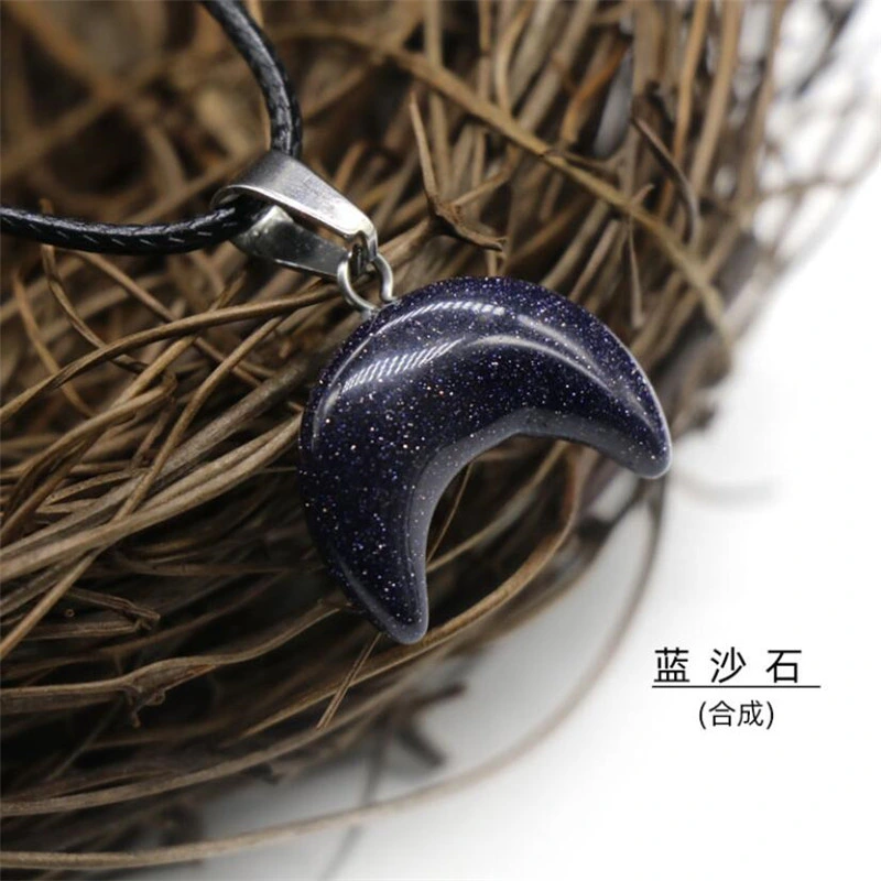 Small Moon Stone Crescent Pendant Choker Collar Reiki Healing Natural Pink Quartz Black Obsidian Chakra Crystal Necklaces Female